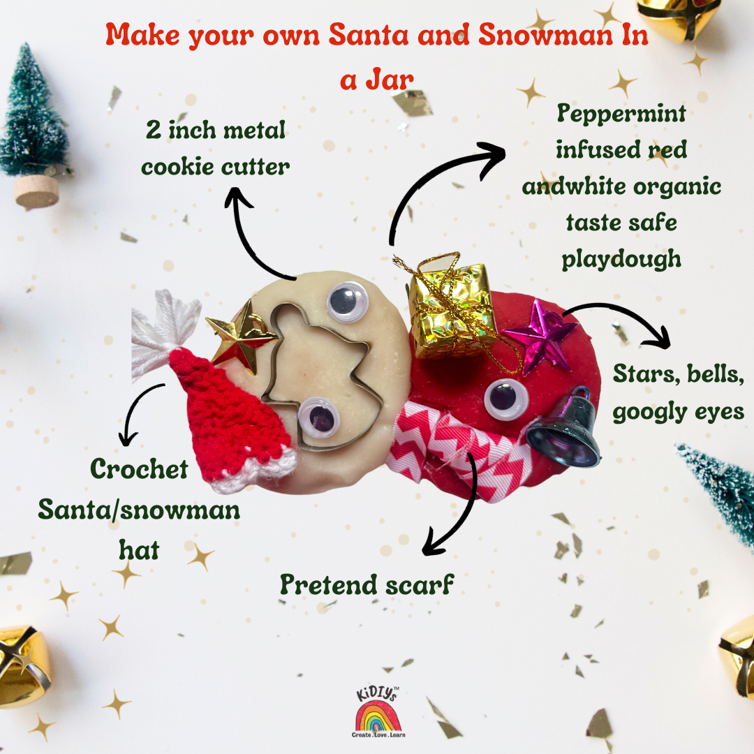 Set of 2 Playdough Jar - Christmas themed - Make your own santa., snowman, gingerbread man and Xmas tree- organic, taste safe and handmade peppermint playdough jars