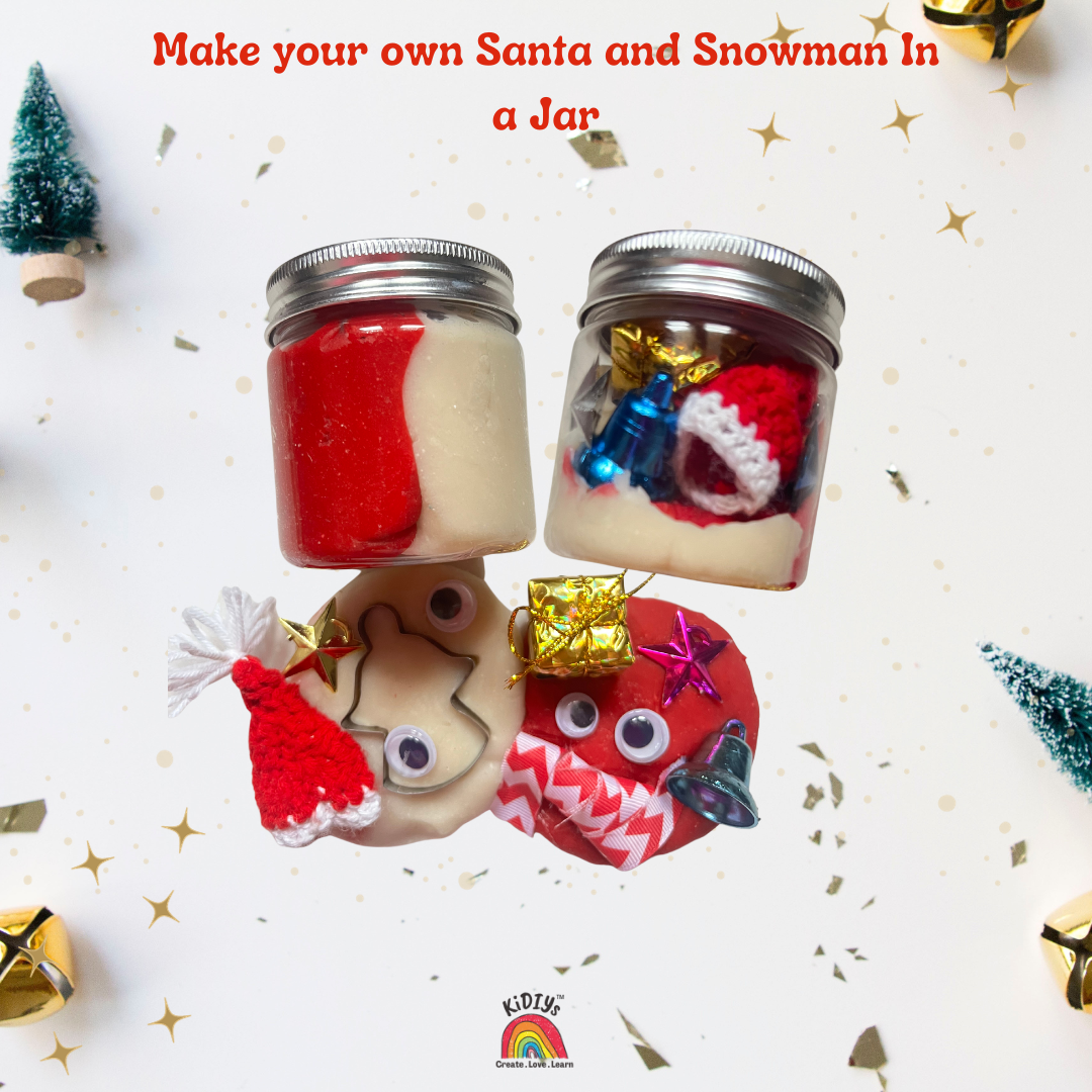 Set of 2 Playdough Jar - Christmas themed - Make your own santa., snowman, gingerbread man and Xmas tree- organic, taste safe and handmade peppermint playdough jars