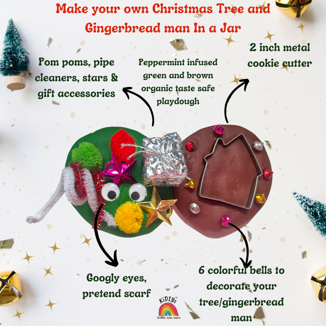 Set of 2 Playdough Jar - Christmas themed - Make your own santa., snowman, gingerbread man and Xmas tree- organic, taste safe and handmade peppermint playdough jars