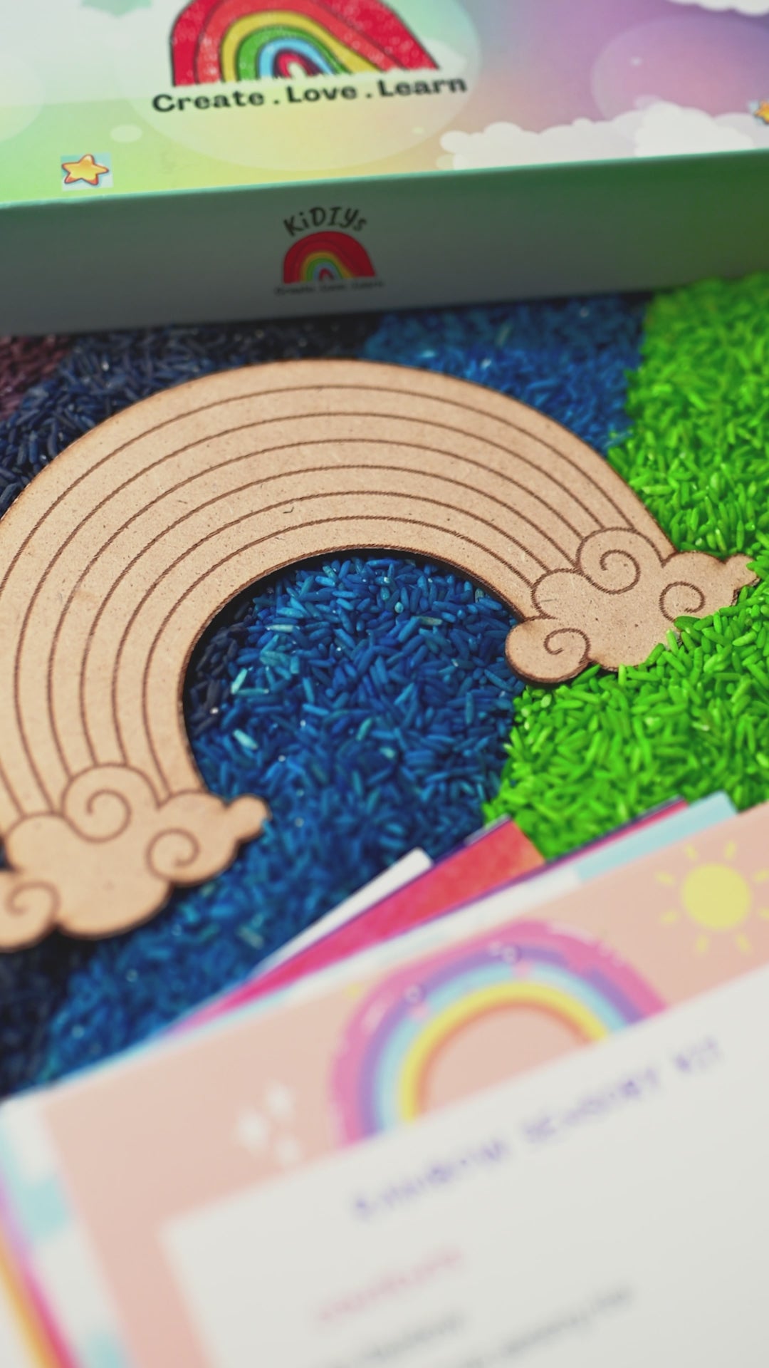 Rainbow rice sensory kit with wooden tool